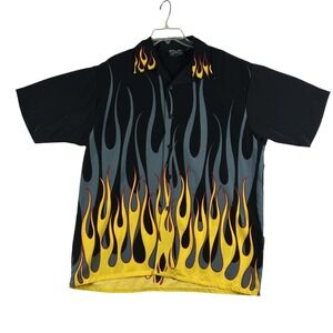 Dragonfly‎ Shirt Mens Large Black Flame Bowling Camp Button Front Rockabilly